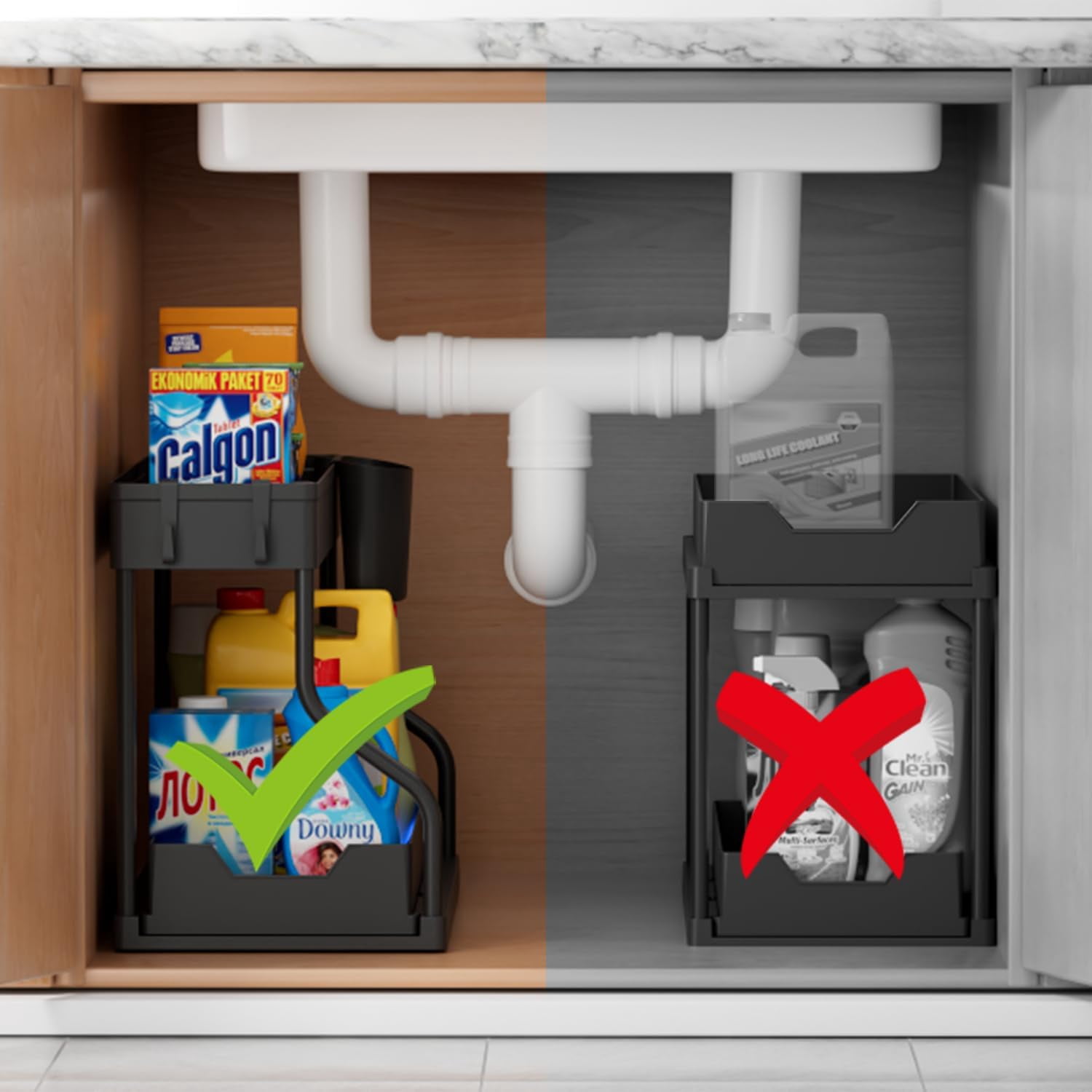 2 Set of 2-Tier Bathroom and Kitchen Under Sink Organizers and Storage - L-Shaped Design with Sliding Storage Drawer, Pull Out Cabinet Storage Shelves Maximize Space
