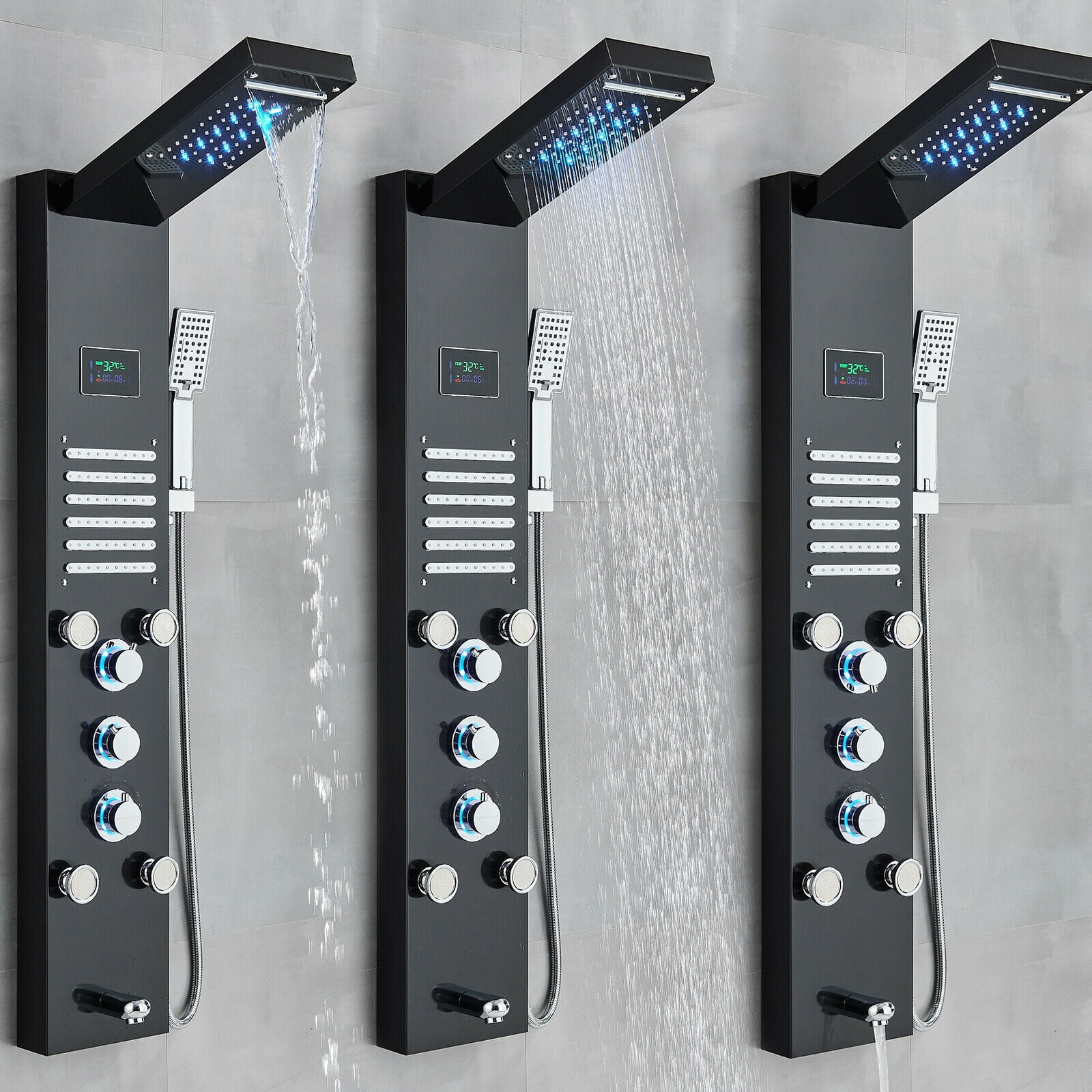 LED Shower Panel Tower System Rain&Waterfall Massage Black Stainless