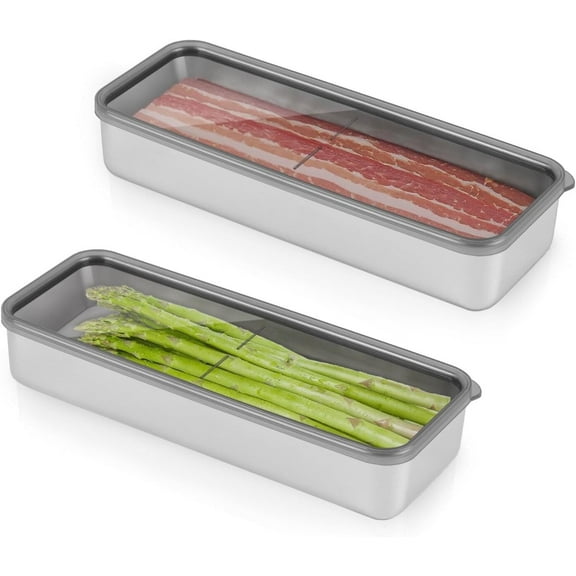 Bacon Container for Refrigerator, Rectangular, 1-Pound Capacity, 304 Stainless Steel, Minimalist Style, Airtight Plastic Sealed, BPA Free, 10.4 x 1.8 inches,1 PACK