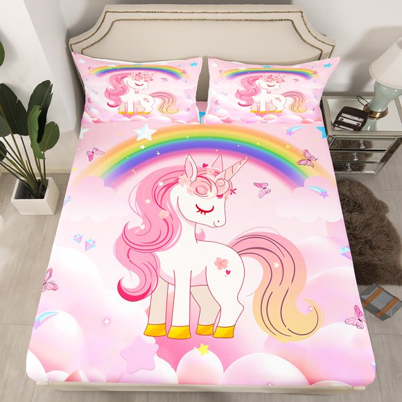 YST Ensemble de Literie Licorne pour Filles Taille Simple Mignon Arc-en-Ciel Licorne Drap-Housse Enfants Dessin Animé Kawaii Mignon Draps Licorne Rose Étoiles Fantaisie Décoration Chambre Filles Ados Enfant, Sans Drap Plat