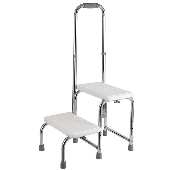 Seniors Step Stool with Handle and Non-Skid Platform, Adjustable Height Handrail 8.5-16.5Inch, Heavy Duty 2 Steps Medical Foot Stool for Adult, Seniors, Holds Up to 450 Lbs for Bedside, Bathtub