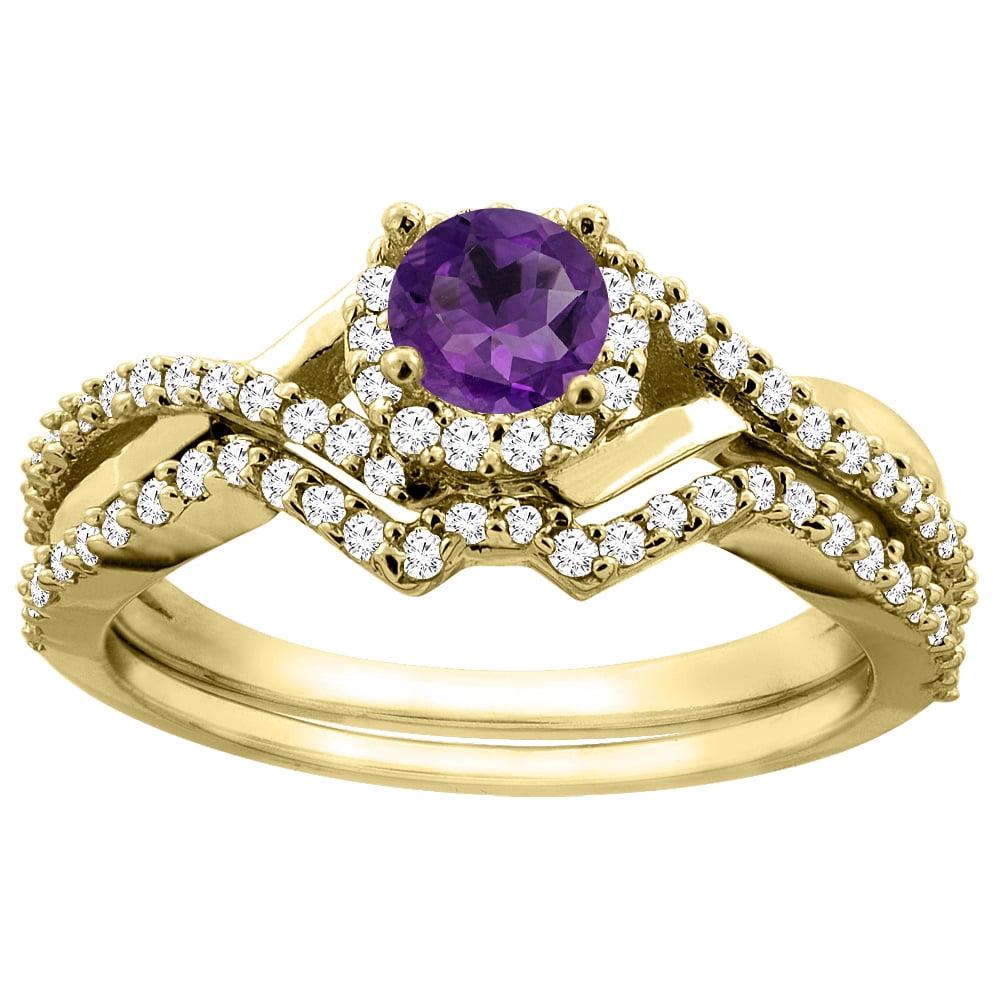 14K Yellow Gold Natural Amethyst 2-piece Bridal Ring Set Round 5mm, size 5.5 by Gabriella Gold