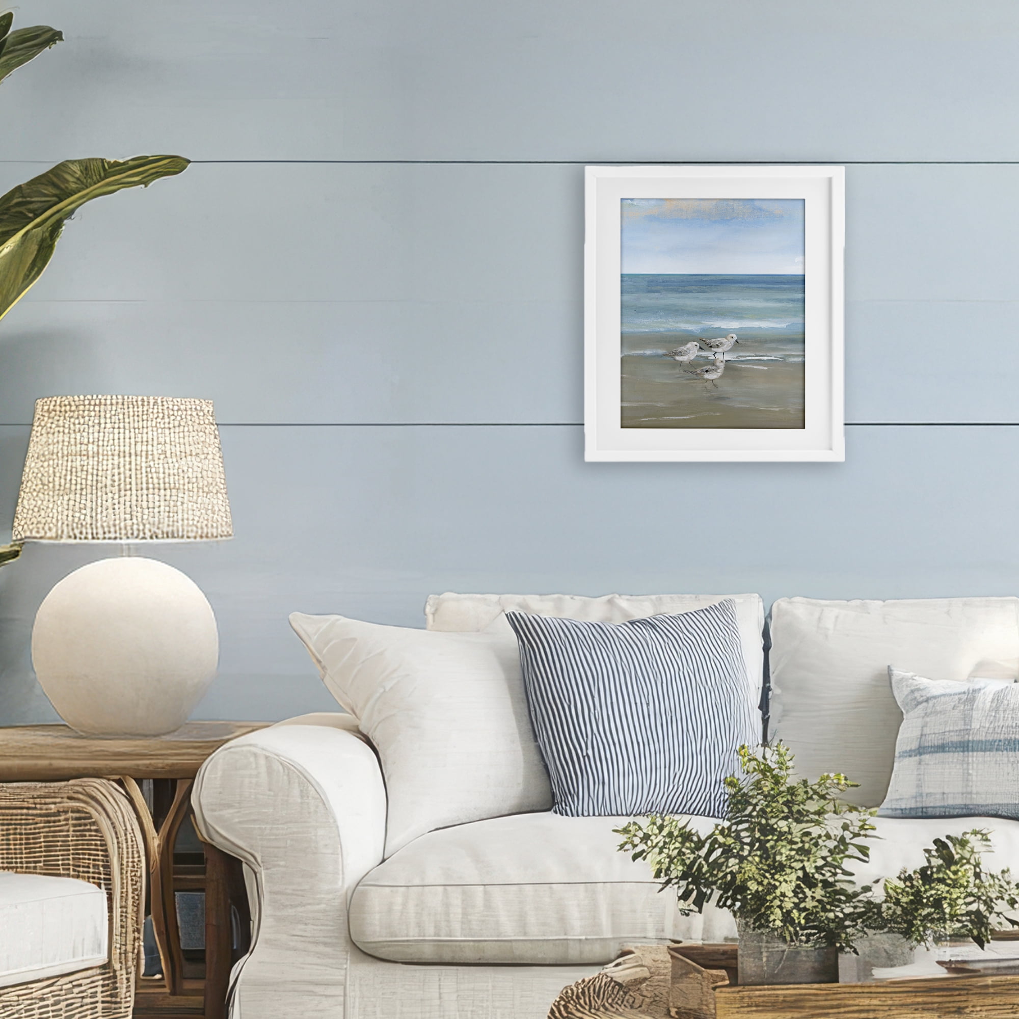 Stupell Industries Three Shorebirds & Gentle Waves White Framed Print Under Glass, design by Nan