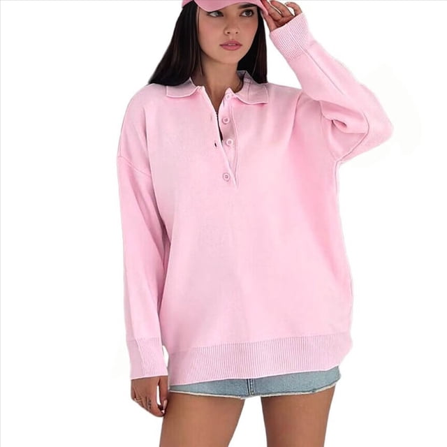 Suéter Informal Holgado de Larga con Solapa para Mujer, Color Liso, Estilo Holgado, de Punto. Rosa S