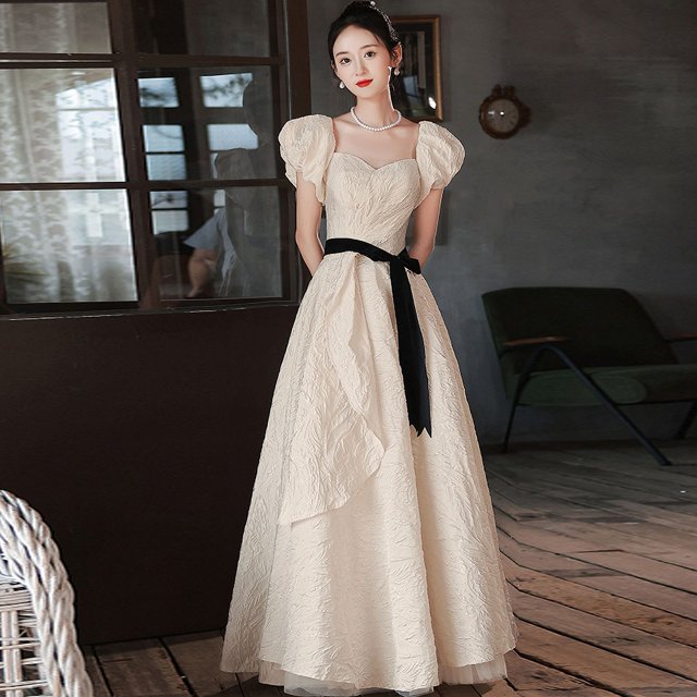 Vestido de noche de satén blanco para mujer, estilo francés, largo, hombros descubiertos, vestido de novia princesa abullonado