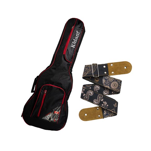 PAQUETE Estuche para guitarra eléctrica Funda para guitarra Gig bag, guitar case para trasporte y protección, color negro bordes rojos + Tahali strap correa Kidam CALAVERAS MEXICANAS