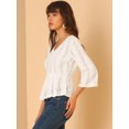 thumbnail image 4 of Blusa liviana de encaje sólido para mujer, cuello en V, manga 3/4, blusa campesina con peplum blanco M, 4 of 6