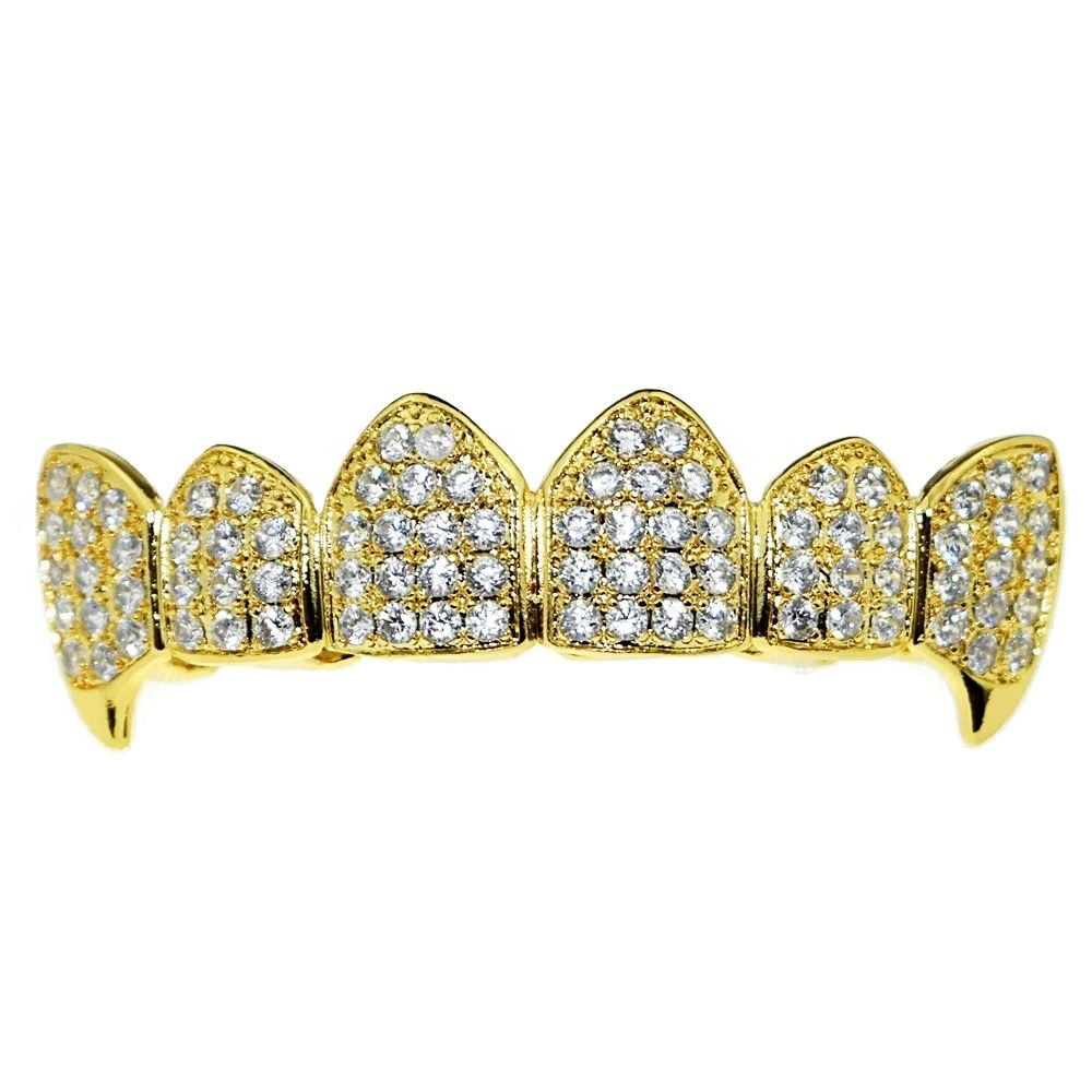 CZ Yellow Gold-Tone Iced Out Hip Hop Bling Open Face Cubic Zirconia Cuban Link Vampire Fang Removable Grill Grillz Combo Set with Mold Bar 