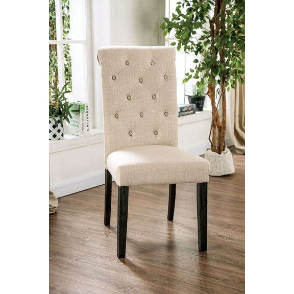 6pcs Dining Chairs Ivory Linen Like Fabric Antique Black Solid wood Scroll Back Tufted Cushion Side Chairs Kitchen Dining Room