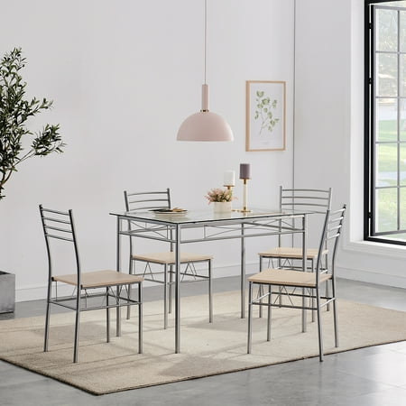 table dining vecelo piece rectangle dine chairs breakfast metal glass furniture kitchen