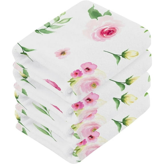 Coolnut 4 PCS Elegant Flower Pink Floral Washcloths, 12 X 12 Inches Cotton Wash Cloths, Highly Absorbent and Soft Face Towels for Bathroom,Gym,Hotel and Spa