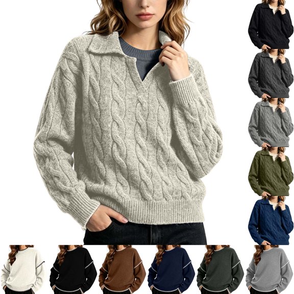 DYTTDG Women's Collared V‑Neck Cable Knit Pullover Sweater, Long Sleeve Loose Fit Solid Color Casual Knit Top for Fall Winter Daily Outfits