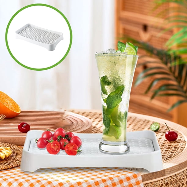 Bandeja de drenaje de plástico de doble capa | Taza de agua rectangular antideslizante y bandeja de té | Organizador multifunción de servicio y almacenamiento de frutas | Blanco | 32x19x4.5cm