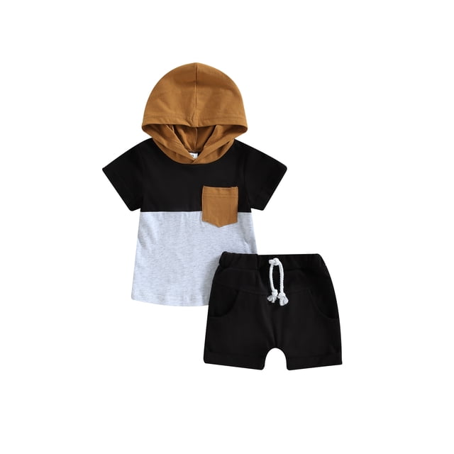 Faithtur Kid Boy Pants Suit, Casual Party Hooded Neck Short Sleeve Tops + Drawstring Solid Color Pants