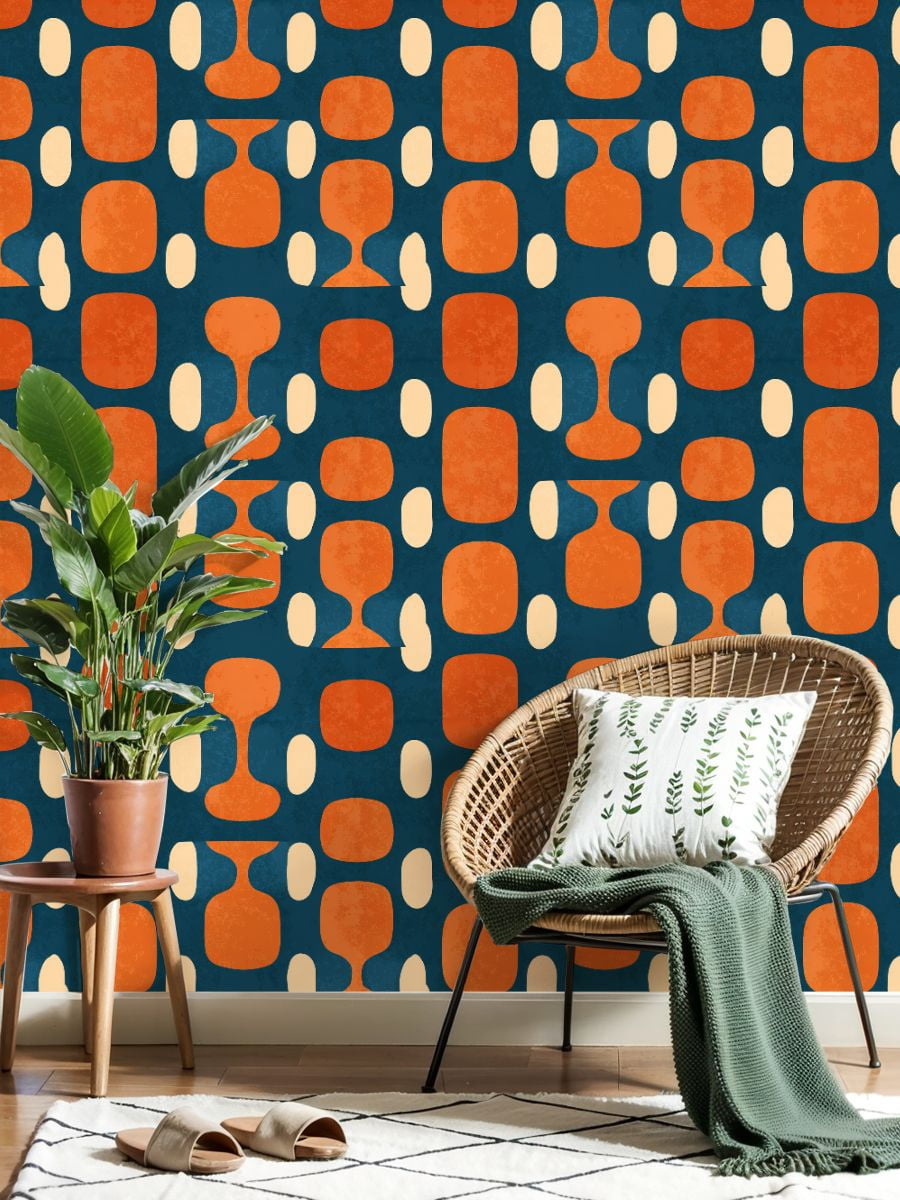 Peel and Stick Wallpaper 17.7in x 9.8ft Mid century modern age blue orange cream Ideal Contact Paper Vinyl Waterproof Self Adhesive Wall Paper for Bedroom Shelf Cabinet Renter Friendly