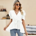 thumbnail image 3 of Yesfashion Women Dressy Deep V Neck Belted Tie Peplum Tops Empire Waist Wrap Blouse Puff Short Sleeve Shirt, 3 of 5