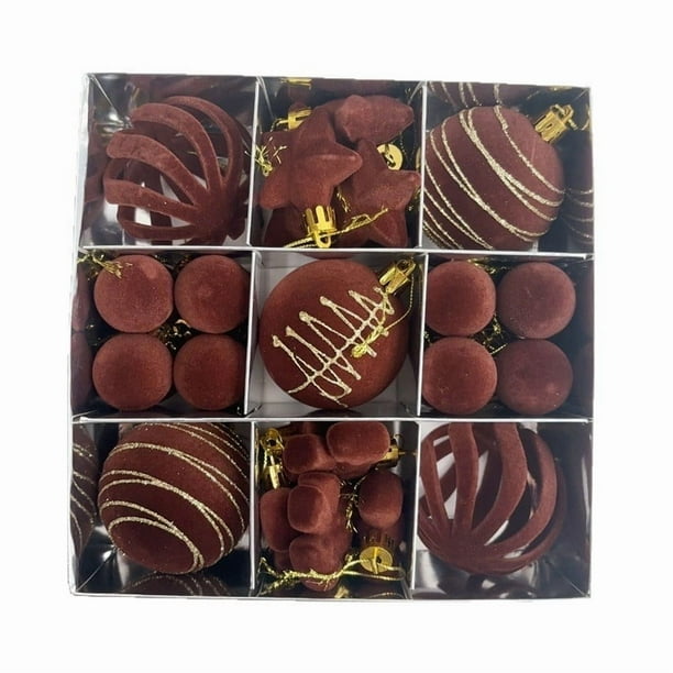 Juego de 27 bolas navideñas de terciopelo flocado | Adornos colgantes de plástico marrón para árbol | Decoración navideña duradera y resistente a la decoloración para árboles, puertas, paredes,