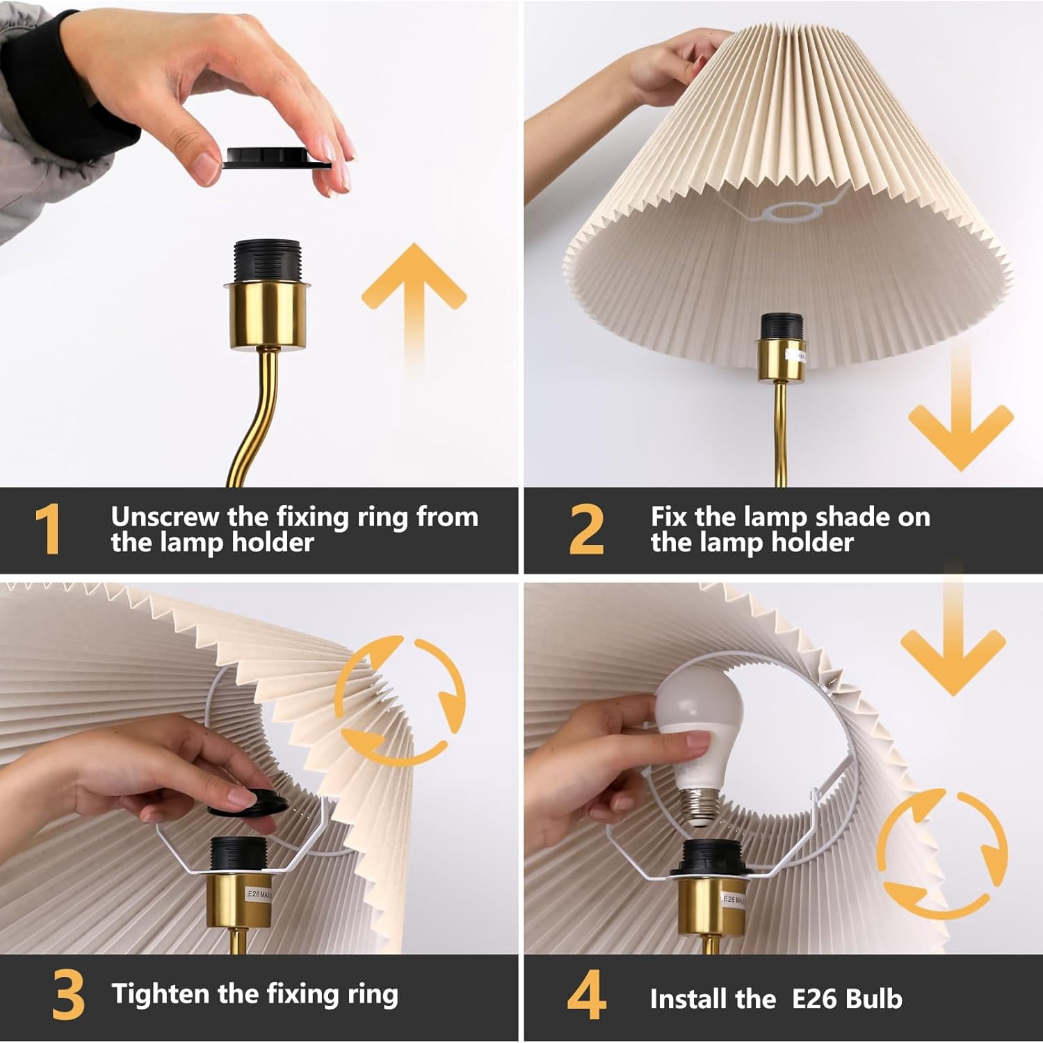 KUNJOULAM Modern Pleated Floor Lamp, Black Pole Floor Lamps, Simple Design Tall Lamp with Adjustable Beige Lampshade, Standing Lamp for Living Room, Bedroom, Office, Home (Without Bulb)
