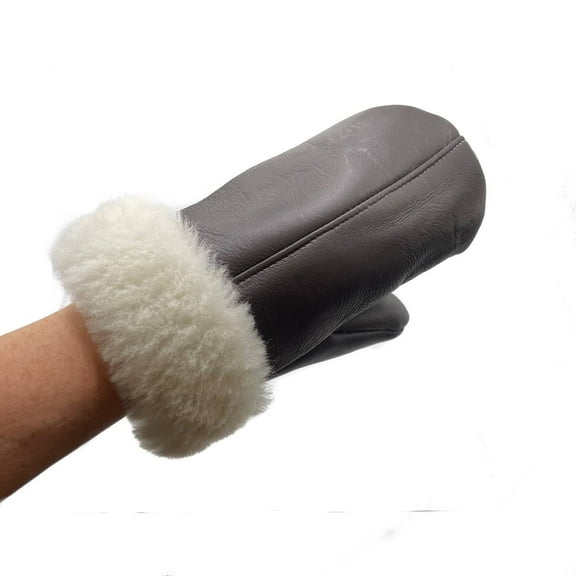 Men's Premium Shearling Sheepskin Leather Fur Mittens (Large, Brown/Off White Fur)