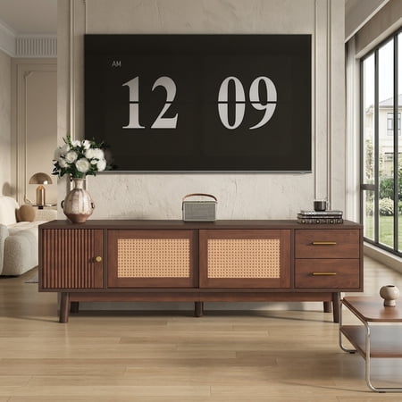 Kosynda TV Stand for TVs up to 80 inch Entertainment Center with Sliding Doors and Drawers Media Console Table for Living Room Bedroom Brown