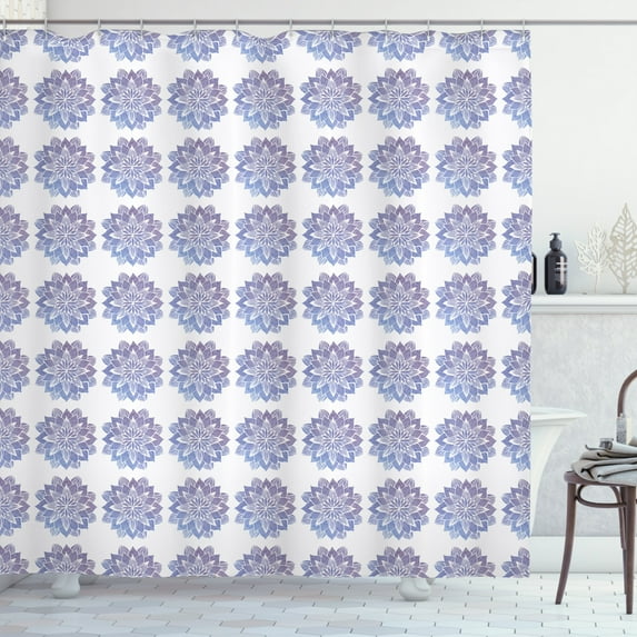 Yoga Shower Curtain, Hand Drawn Style Watercolor Flowers Frame Nature Inspired Hippie Design, Fabric Bathroom Set with Hooks, 69W X 70L Inches, Mauve Pale Blue and White, by Ambesonne