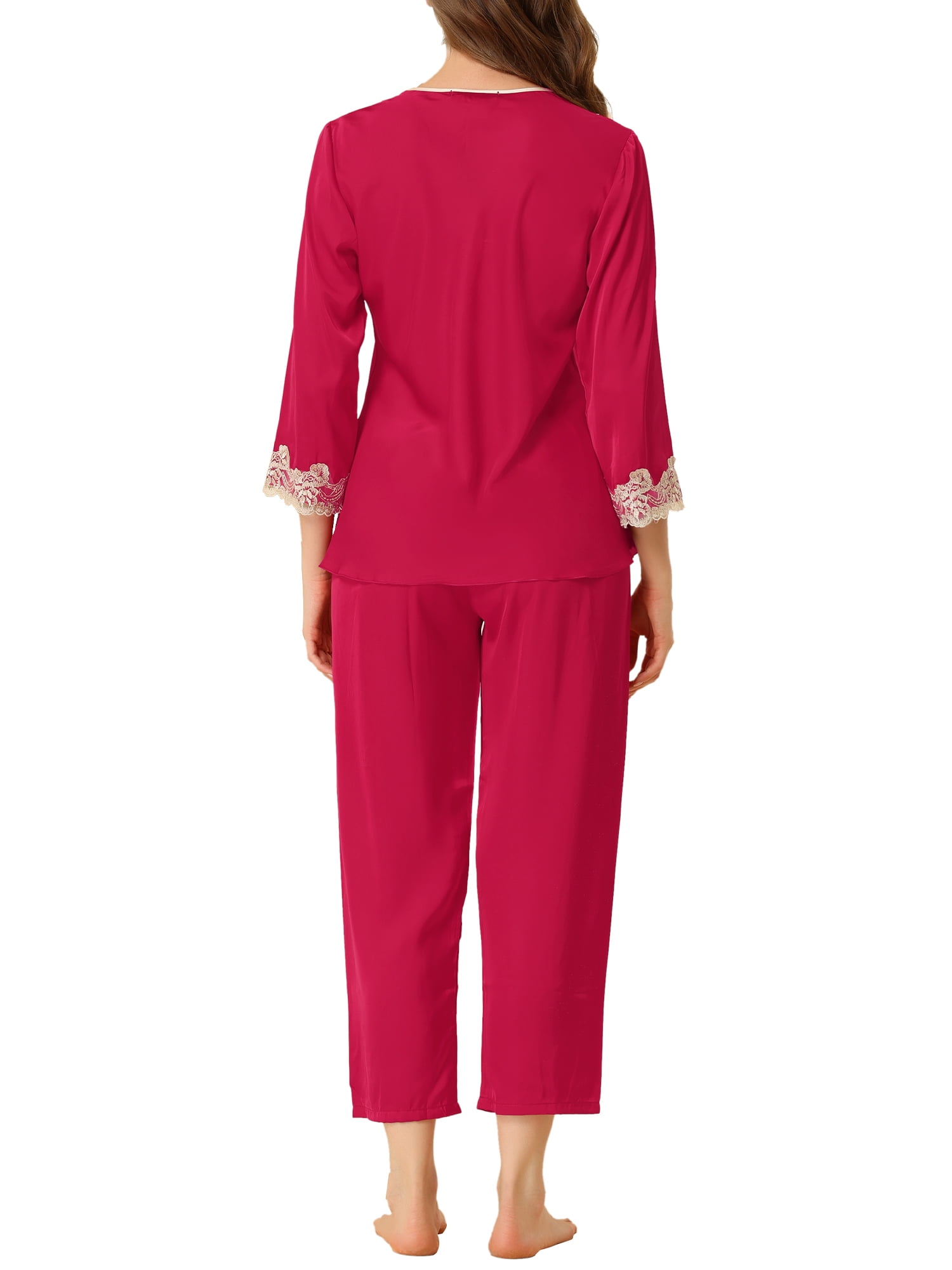 Unique Bargains Women’s Satin Pajama Lace Trim Night Suit Lounge Sleepwear Sets