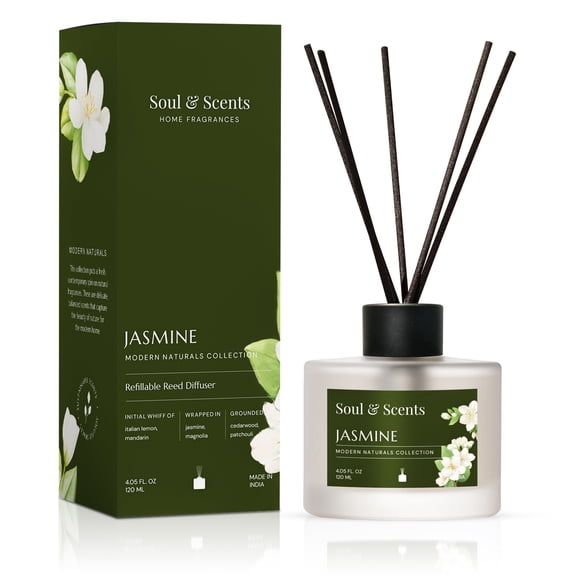 Soul & Scents Reed Diffuser Set-Jasmine, 4.1 oz Scented Oil with 6 Fiber Sticks, Long-Lasting Home Fragrance for Bedroom, Bathroom, Office