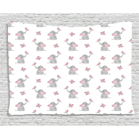 Butterfly Tapestry Wall Hanging - Elephant Nursery Decor Tapestry, Baby Elephants Playing with Butterflies Lovely Kids Room, Wall Hanging for Bedroom Living Room Dorm Decor, 80W X 60L Inches, Grey Light Pink White, by Ambesonne