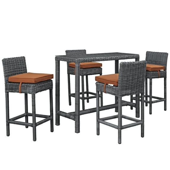 Modern Contemporary Urban Design Outdoor Patio Balcony Five PCS Pub Bar Chairs and Table Set, Orange, Rattan