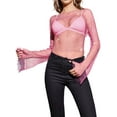 thumbnail image 2 of Women'S Rhinestone Body Chains Long Sleeve Tops Crystal See Through Mesh Fishnet Shirts Outfits Rose Red S, 2 of 7