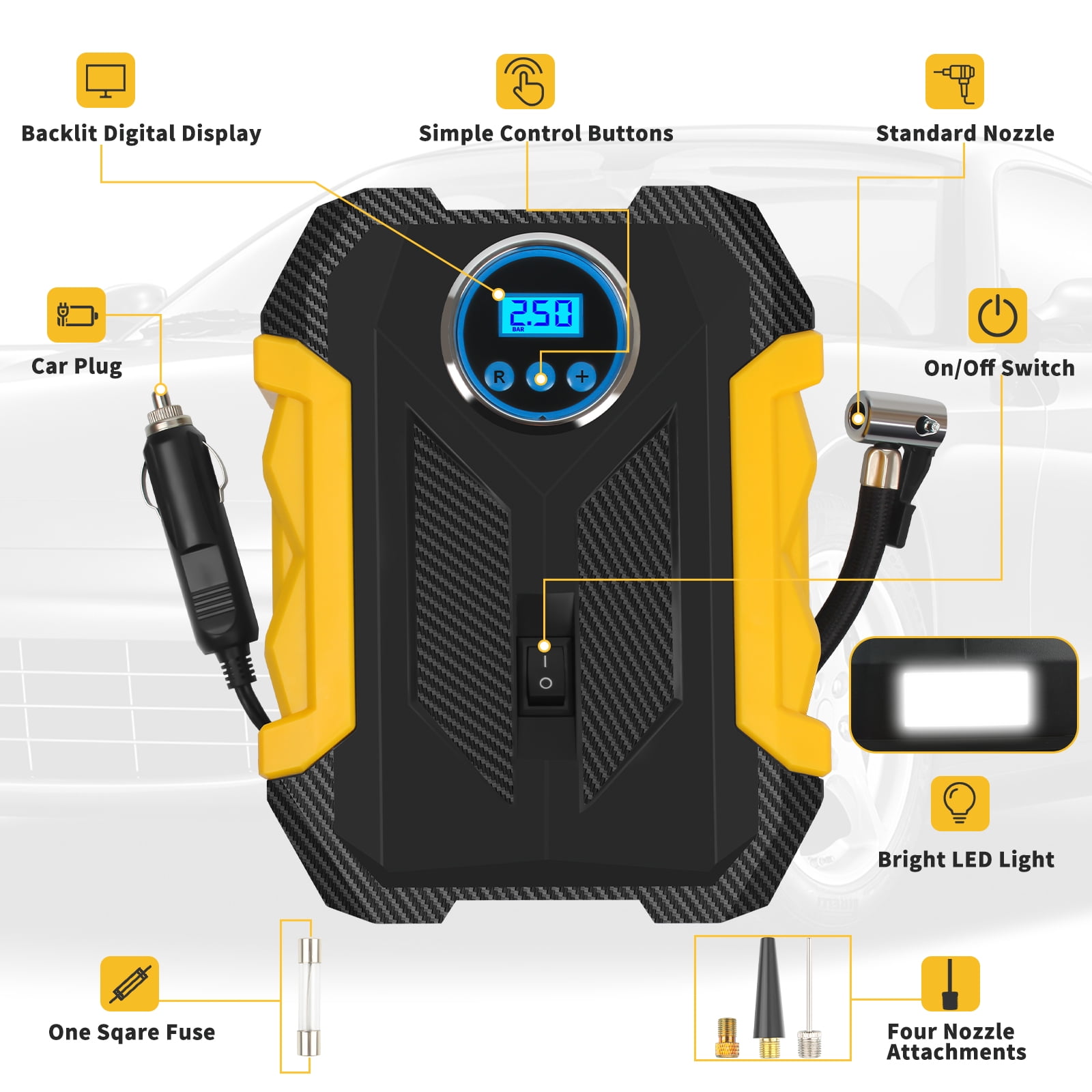 PHANCIR 12V DC Tire Inflator, Auto Shut-off 150PSI Air Pump for Car, Portable Tires Air Compressor, Electric Pump with LED Light & Digital Pressure Gauge