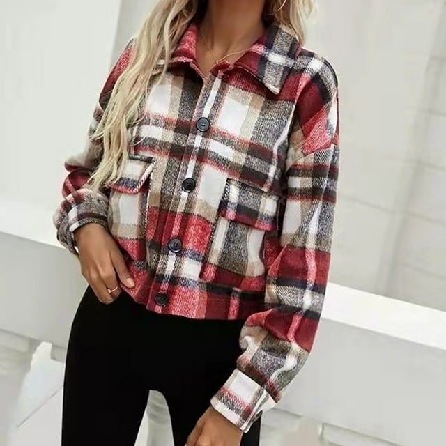 Mode Décontractée pour Femmes Veste Courte à Carreaux à Manches Longues avec Boutons