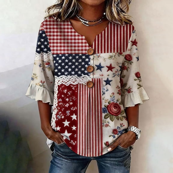 2026 Women's Independence Day America Flag Floral Print Shirt 4Th of July V Neck Button Down Shirts for Women Peplum Blouse 3/4 Sleeve T Shirts(Red,XXL)