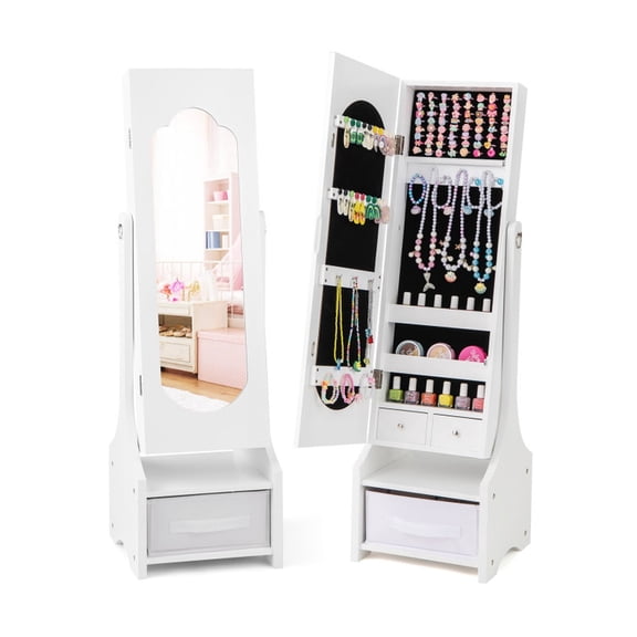 Furnibear Freestanding Kids Jewelry Armoire Cabinet with Full-Length Mirror Storage and 2 Tilt Angles for Bedroom, White