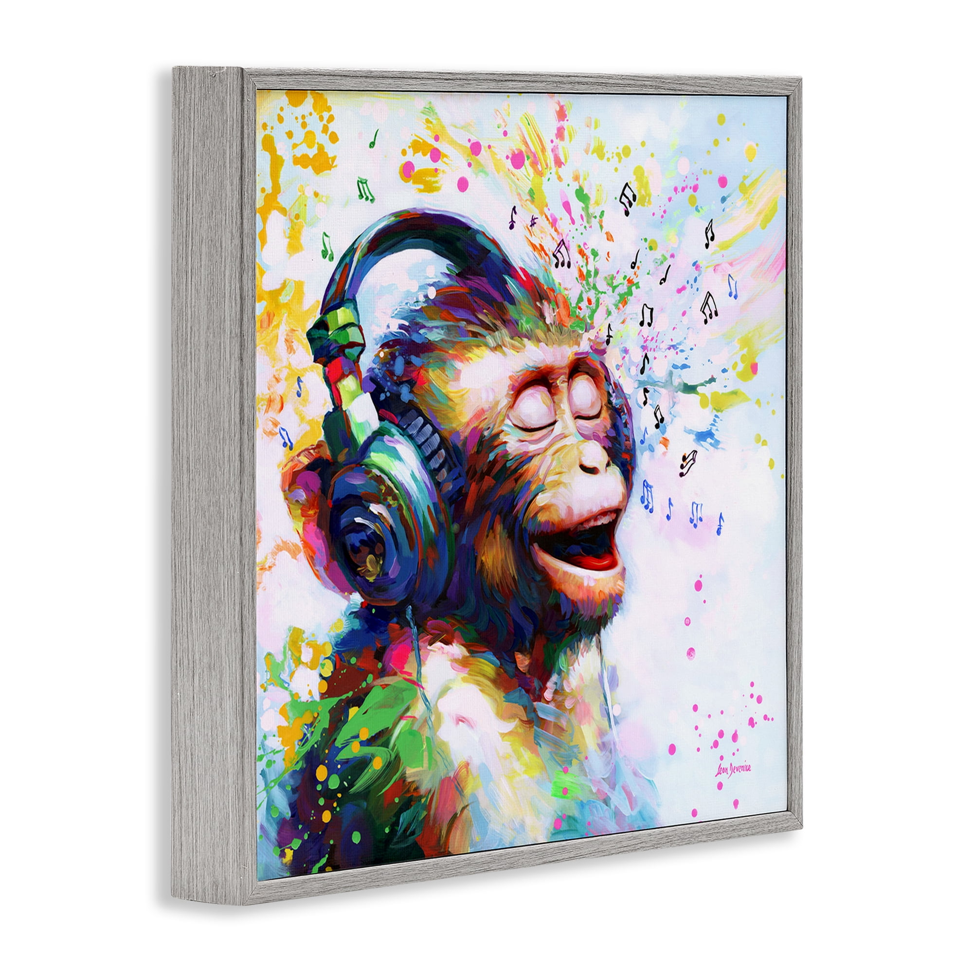 Stupell Industries Blissful Beats Monkey Animals & Insects Painting Gray Framed Art Print Wall Art, 24 x 24