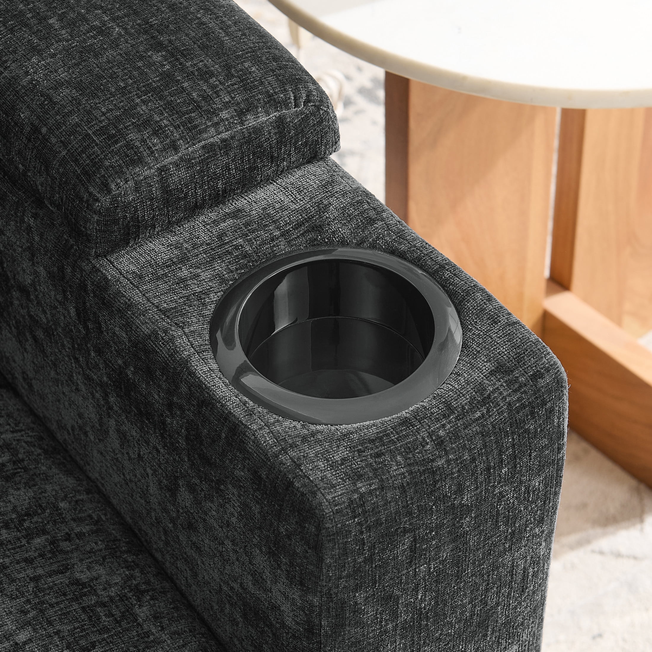 Noble House Edwin Chenille Manual Recliner Chair with Ottoman, Hidden Storage & Cup Holders, Reading Single Sofa, Black