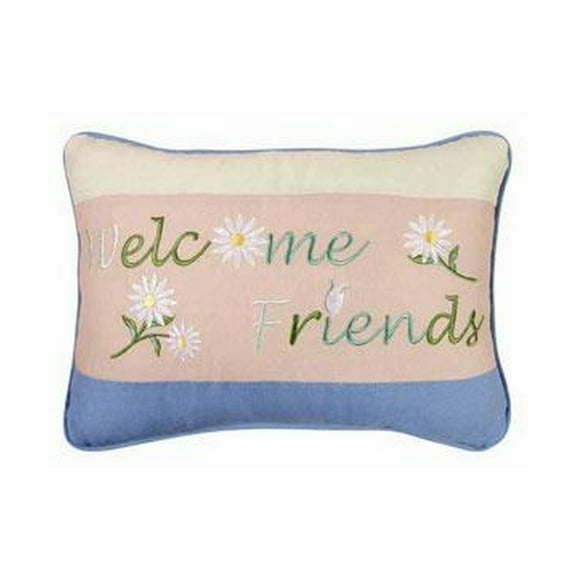 White Floral "Welcome Friends" Embroidered Mini Accent Pillow, 8" x 12"