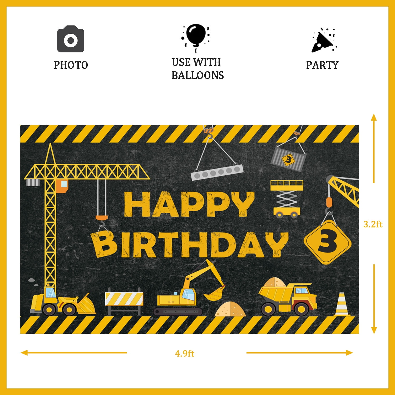 Construction Happy 3rd Birthday Decoration Banner, Dump Truck Backdrop Background Excavator Crane Dump Truck Digger Zone Photo Booth Props Boys Kids Birthday Decorations