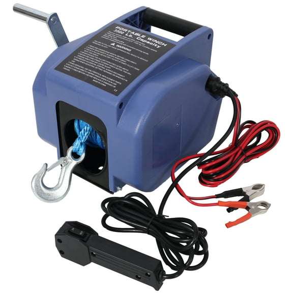 12v Trailer Winch,Reversible Electric Winch, for Boats up to 6000 lbs.,with synthetic rope,with extra pulley hook,power in and power out,with manual function.blue plastic casing