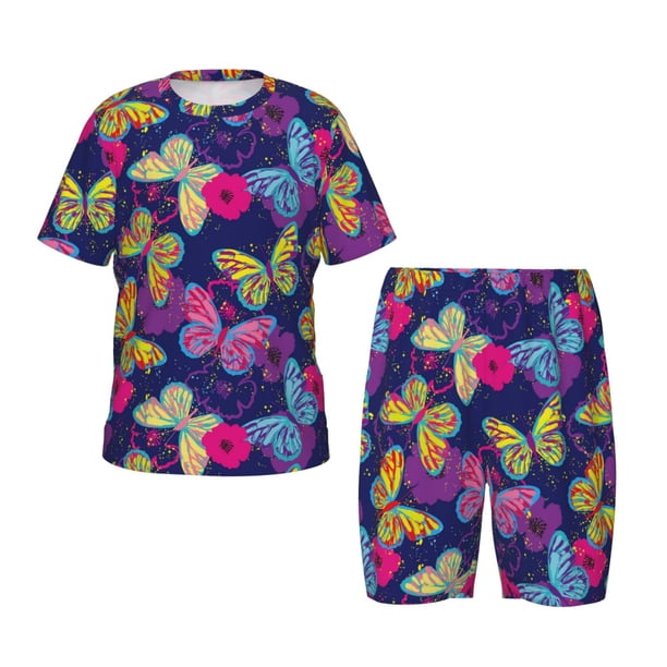Balery Paint Butterflies Conjunto de Pijama Infantil de Manga Corta con Estampado – Ropa de Dormir de Algodón Suave-X-Large