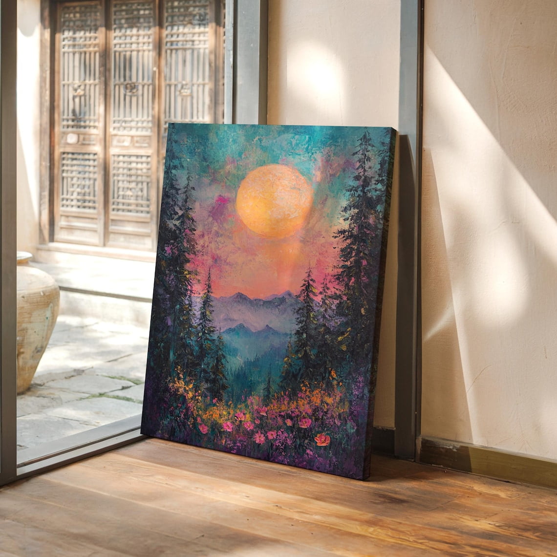 Dreamy Moonlit Forest Print – Vibrant Floral Mountain Scene Mystical Night Landscape Ethereal Nature Wall Art Enchanted Wilderness Wall Art Modern Wall Decor 8x12 UNFRAMED