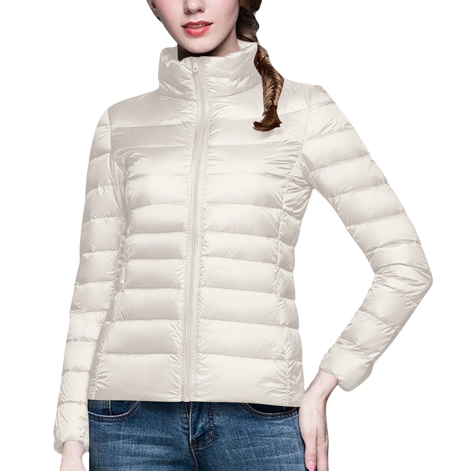 Light Down Jacket Womens Packable Stand Collar Full Zip Quilted Puffer Coat with Pockets Long Sleeve Solid Color (M, White) - image 2