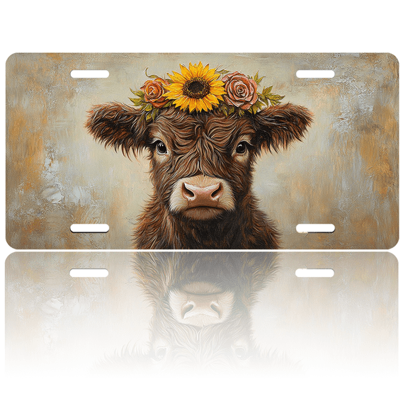 1 Pcs 2D Flat License Plate Covers & Frames, Cow with Flower Crown For Decorative Front, Waterproof For Decoration Aluminum License Plate Covers & Frames Cover For Men Women, 12" X 6"