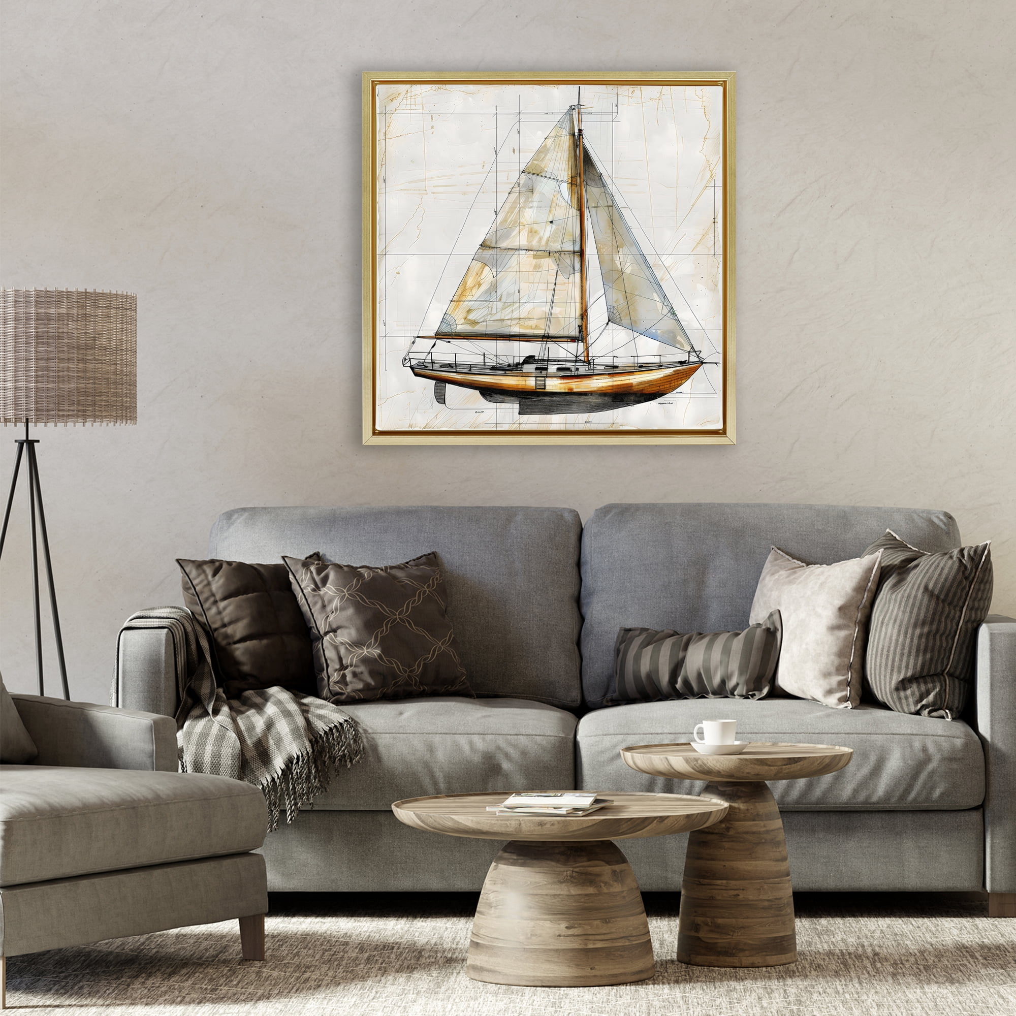 Stupell Industries Vintage Sailboat Drawing Blueprint Gold Framed Floater Canvas Wall Art, design by Creative Studio
