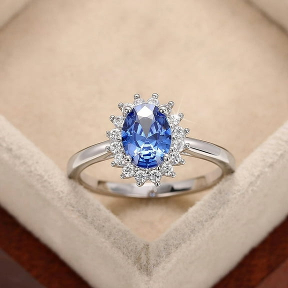 Created Oval Shape Blue Sapphire White Gold Plated 925 Sterling Silver Flower Cluster Business Attire Ring September Gemstone Birthstone Size 7