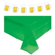 Beer Stein Banner Garland and Green Tablecover Set for St. Patrick's Day Parties, Beer Decorations, and Football Party Supplies (Set of 2)