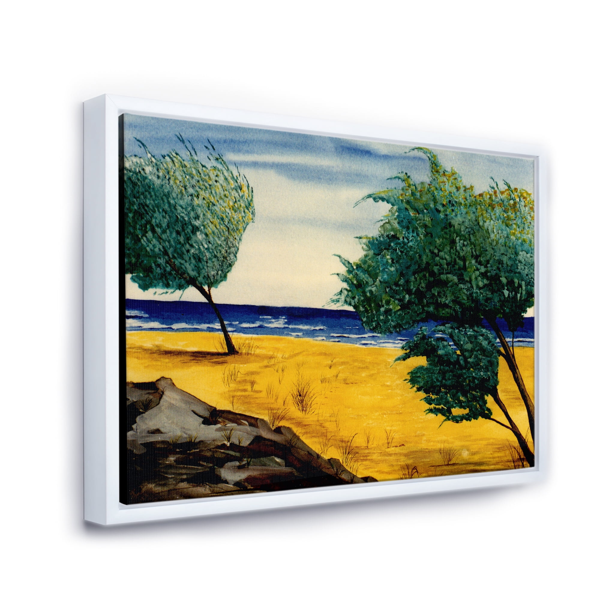 Designart 'Blue Beach By The Coastline' Nautical & Coastal Framed Canvas Wall Art Print