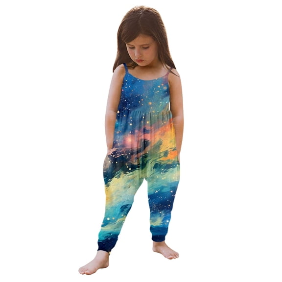 TOOYOU Girls Romper Fashion Starry Sky Printed Strap Jumpsuit With Pocket Breathable Playsuit Bodysuits For Toddler ,Size 2-3 Years Yellow