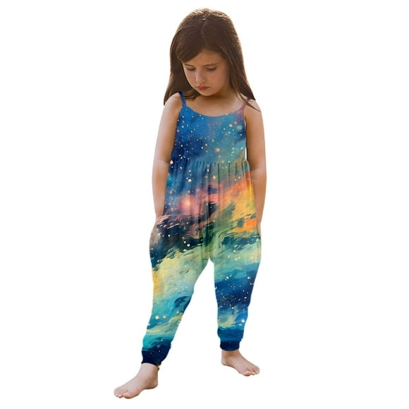 WEIYLL Girls Bodysuits Printed Sleeveless Pocket Pants Starry Strap Sky Yellow Kids Clothing for 6-7 Years