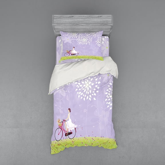 Ambesonne Cartoon Bedding Set 3 Pcs, Girl Riding Bike Windy, Twin, Apple Green Lavender